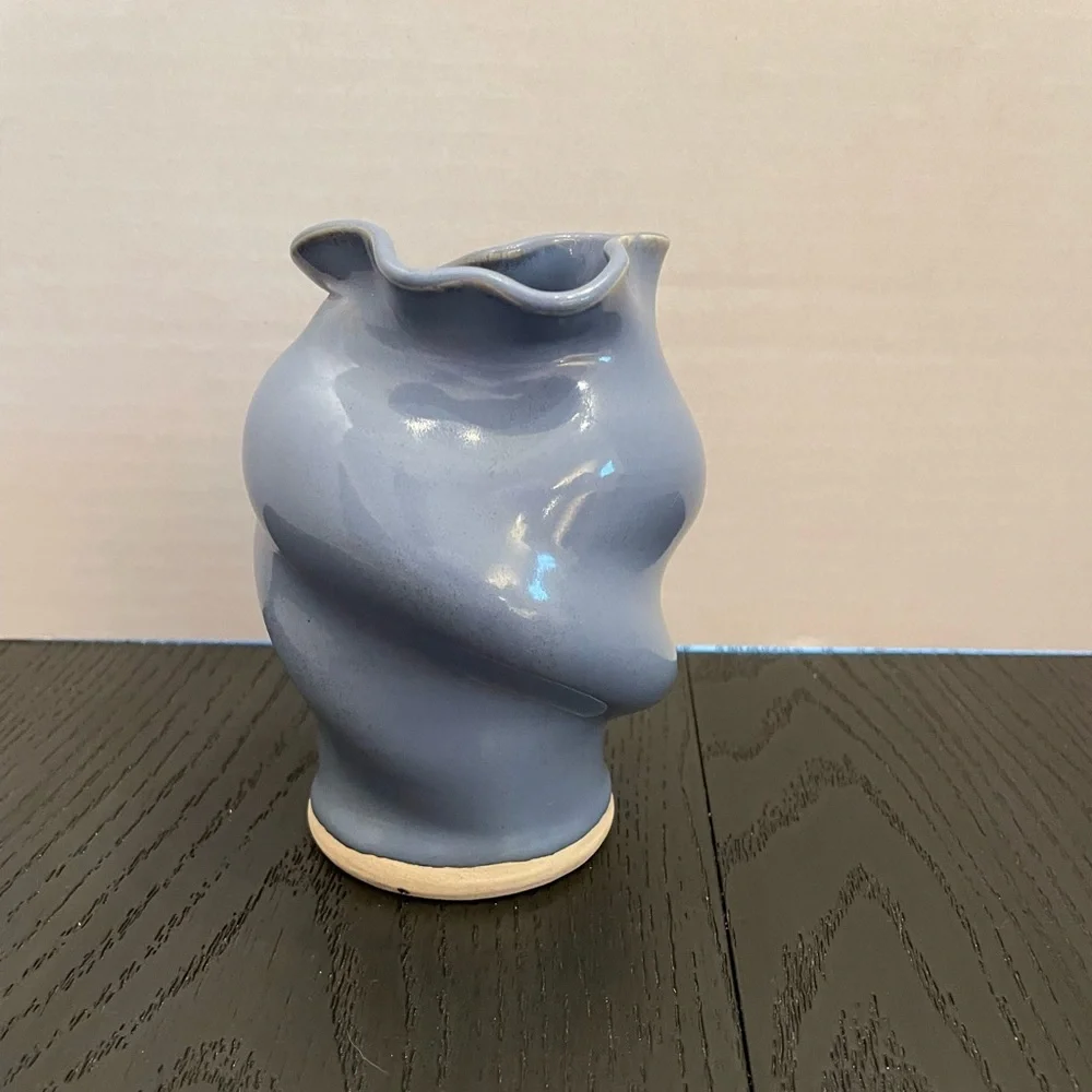 Light Blue Twisted Ceramic‎ Small Vase and A Cream-Colored Base Signed Leftwich